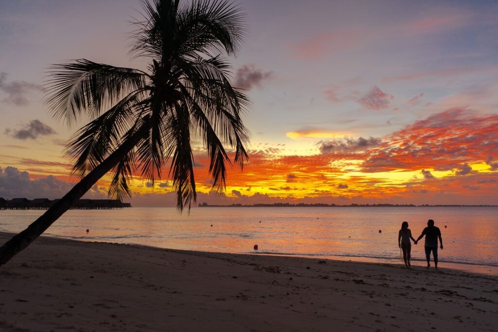 Couple Walking on Beach during Sunset
