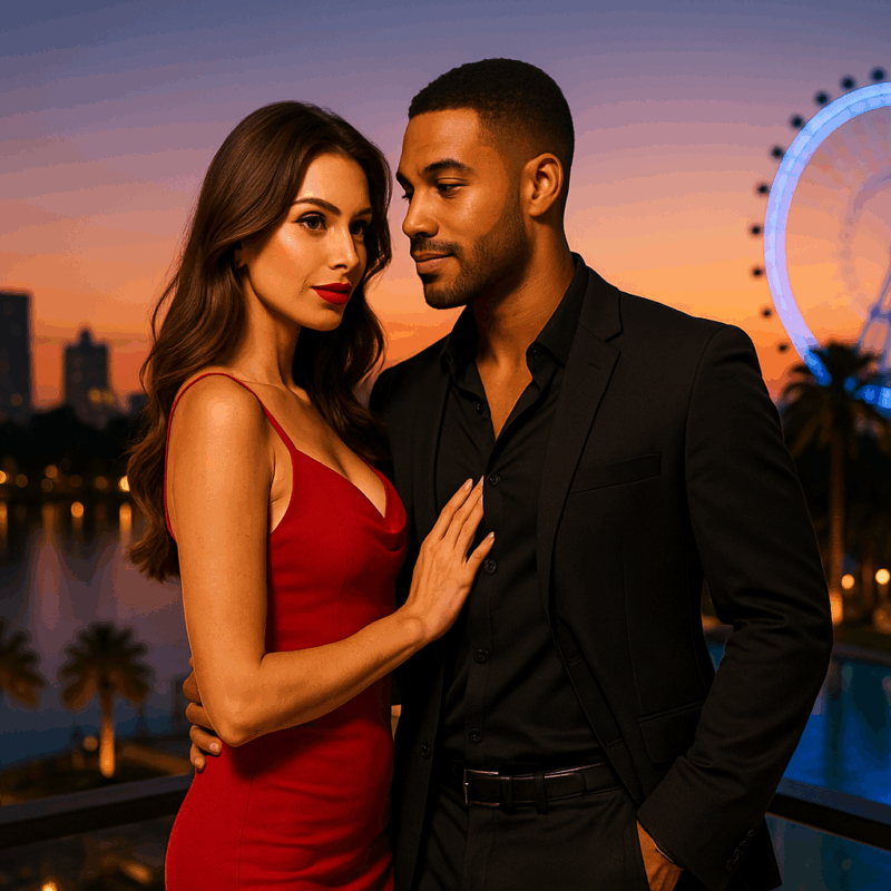 Glamorous couple at a stylish Orlando nightlife venue