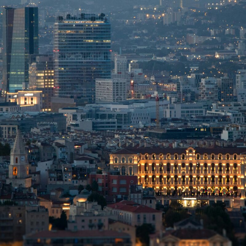 a view of a city at night time
