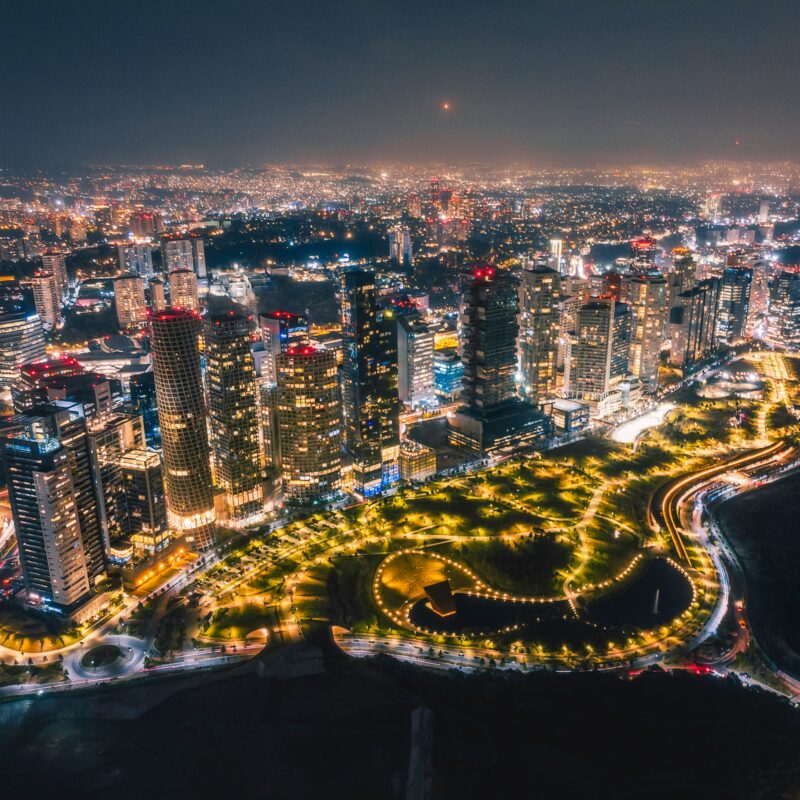 aerial view of city buildings during night time