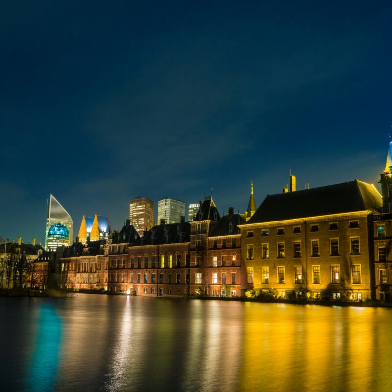 lighted building at night