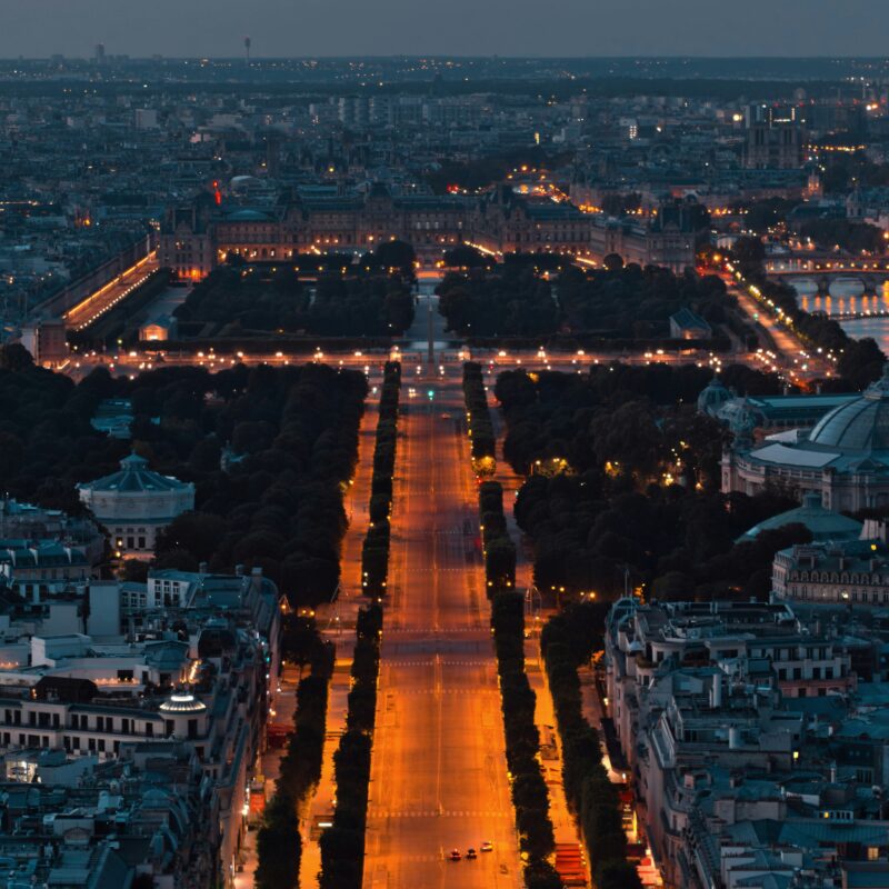 an aerial view of the eiffel tower at night