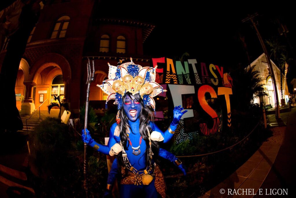 A woman wearing costume
