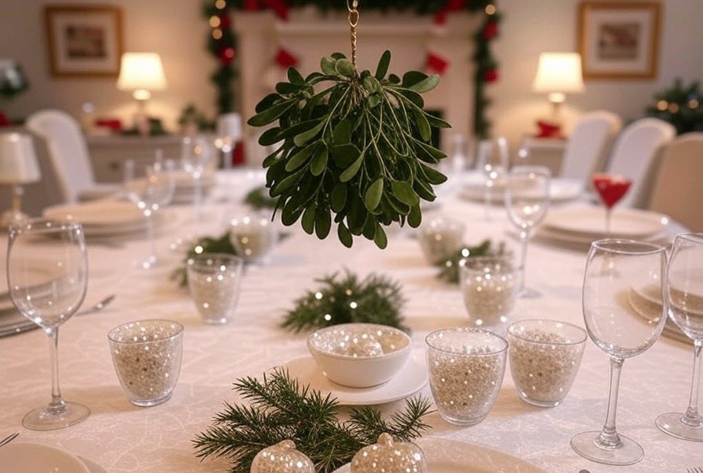 picture of mistletoe over a holiday table spread at a swinger party