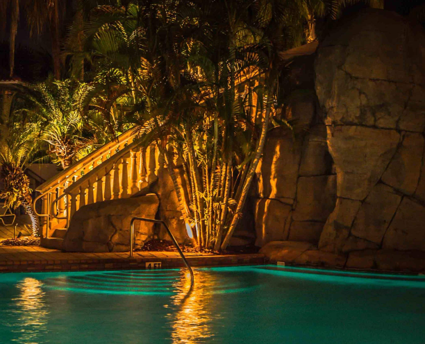 Swimming pool view in the evening