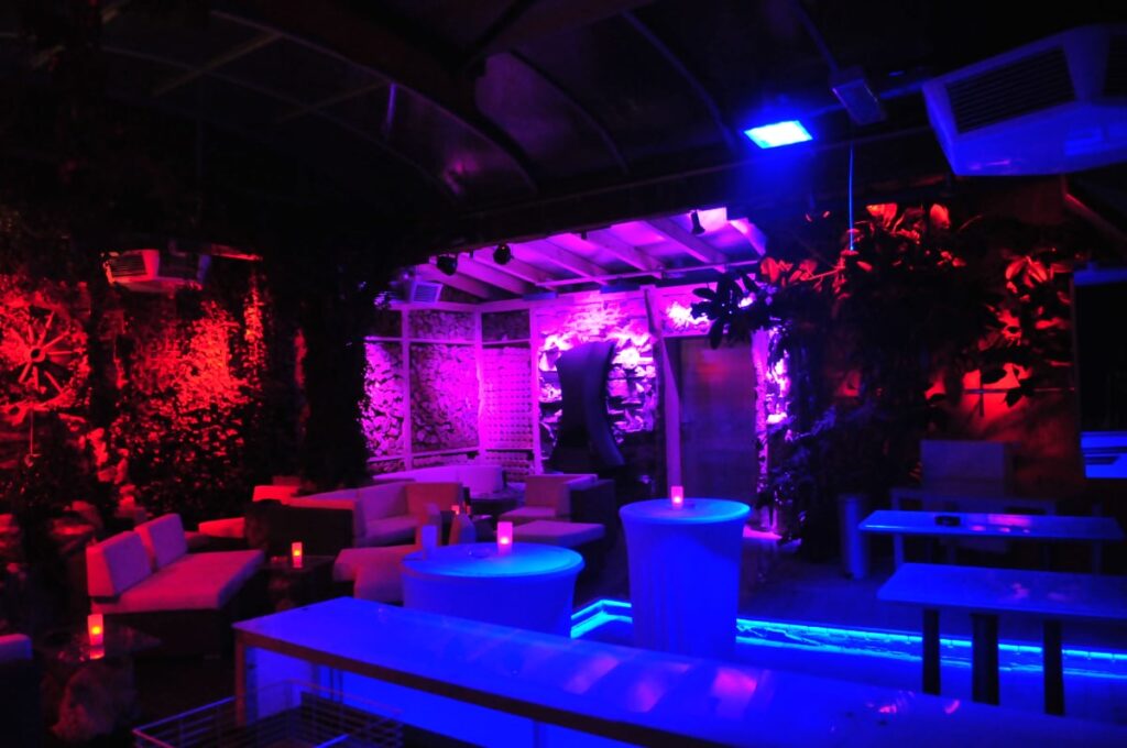 room with purple red blue lights