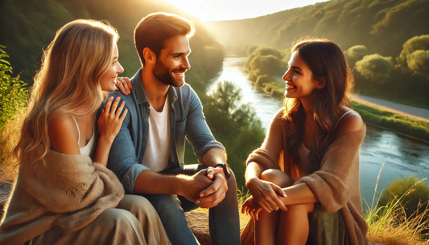 Couple and a friend sharing a heartfelt conversation in a natural setting