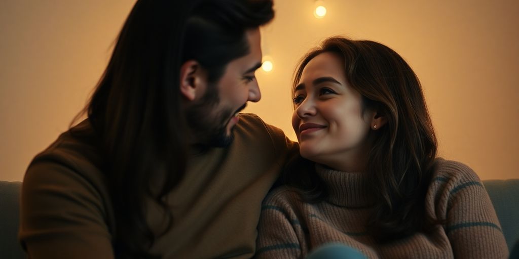 A couple sharing an intimate moment in warm lighting