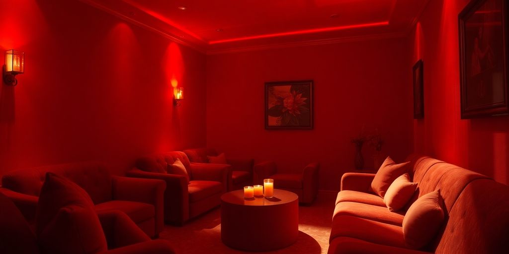 A cozy red room with ambient lighting and plush seating