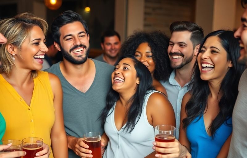 A diverse group of adults socializing joyfully together.