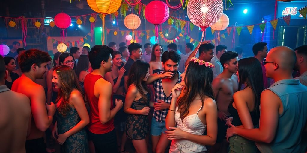 A lively sex party scene with couples interacting