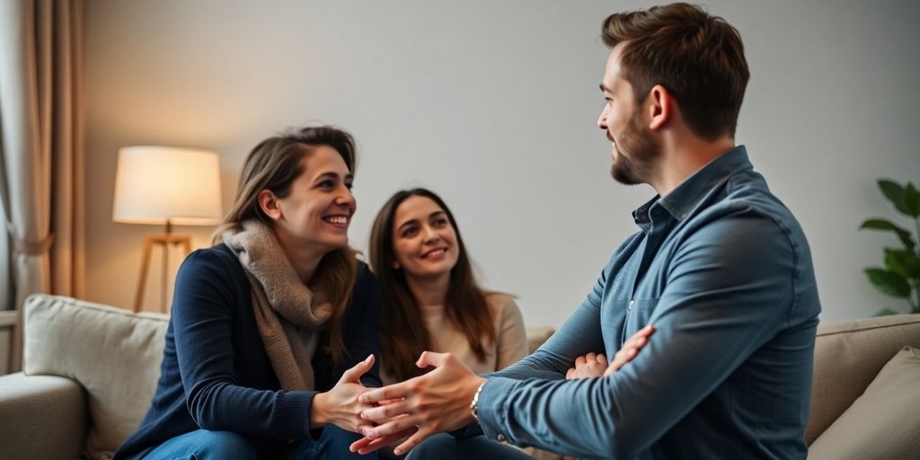 A man and a couple in an intimate conversation
