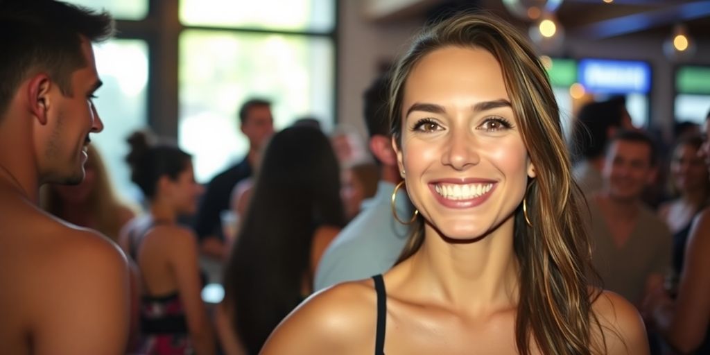 A woman smiling at a social gathering with friends