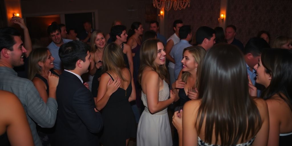 Adults flirting at a private party, creating a fun vibe