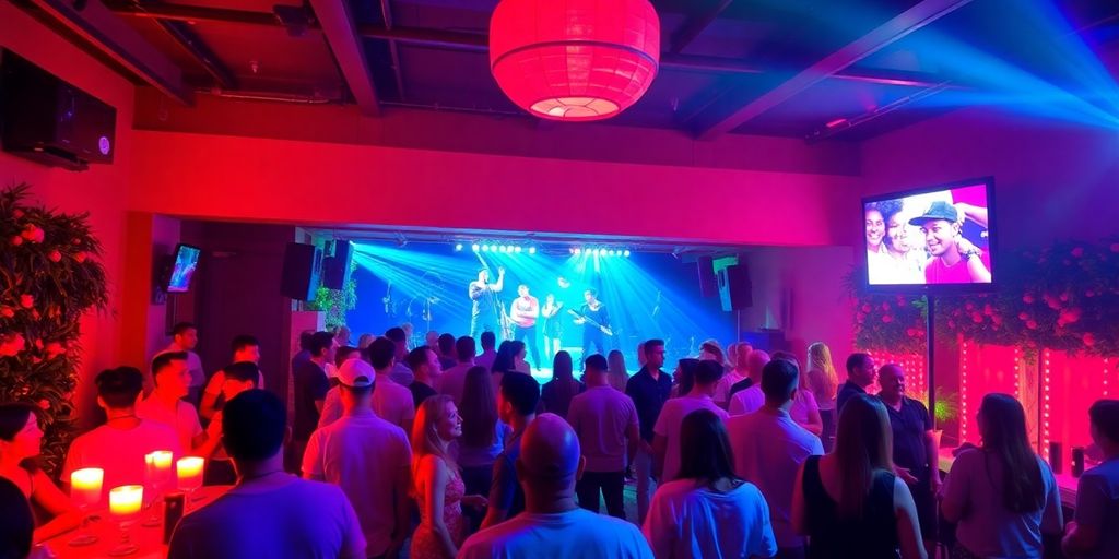 Colorful Red Room event with lively guests and vibrant lighting