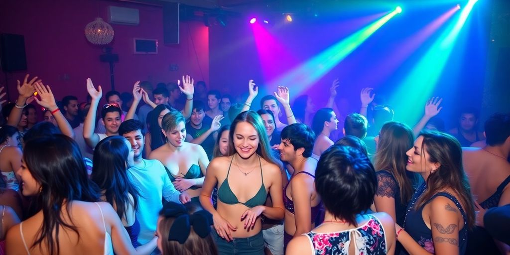 Diverse partygoers dancing and celebrating at a queer event