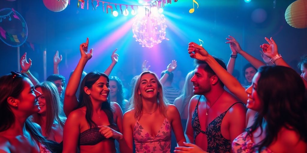 Colorful party scene with diverse dancers and festive decor