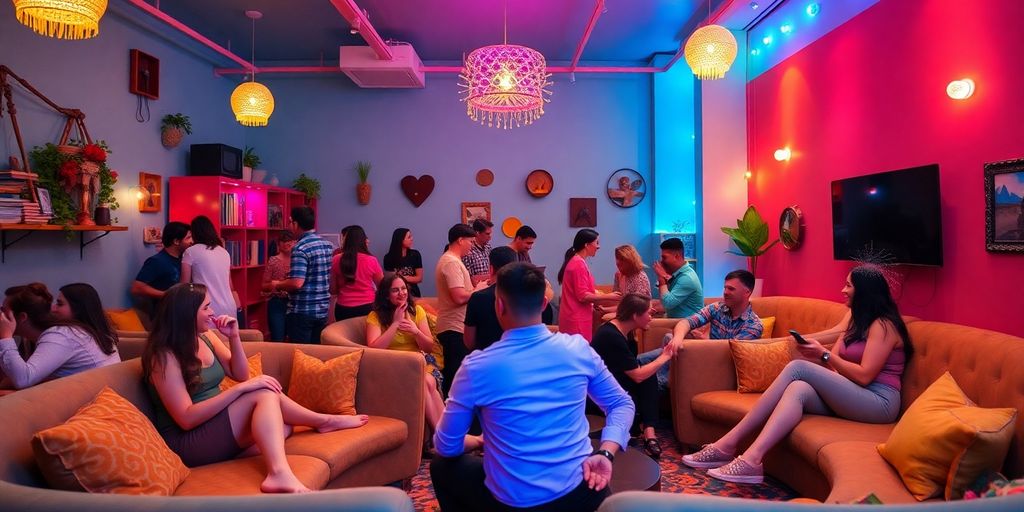 Colorful playroom with couples enjoying social activities