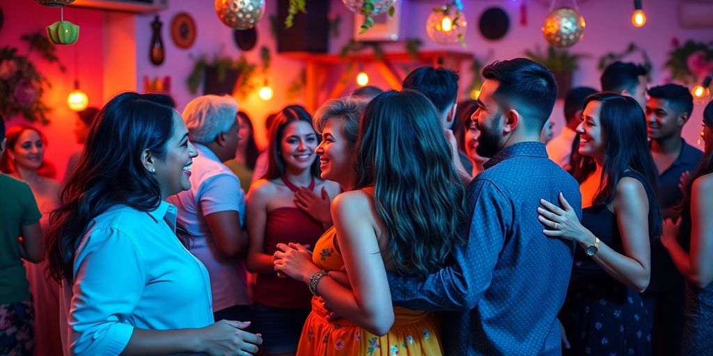 Colorful swinger party scene with couples enjoying themselves