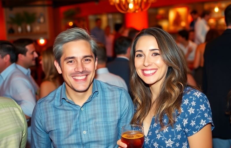 Confident couple at a lively swinger party atmosphere