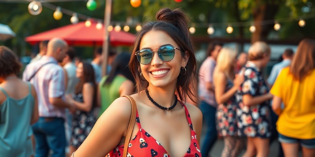 Confident woman smiling at a social gathering.