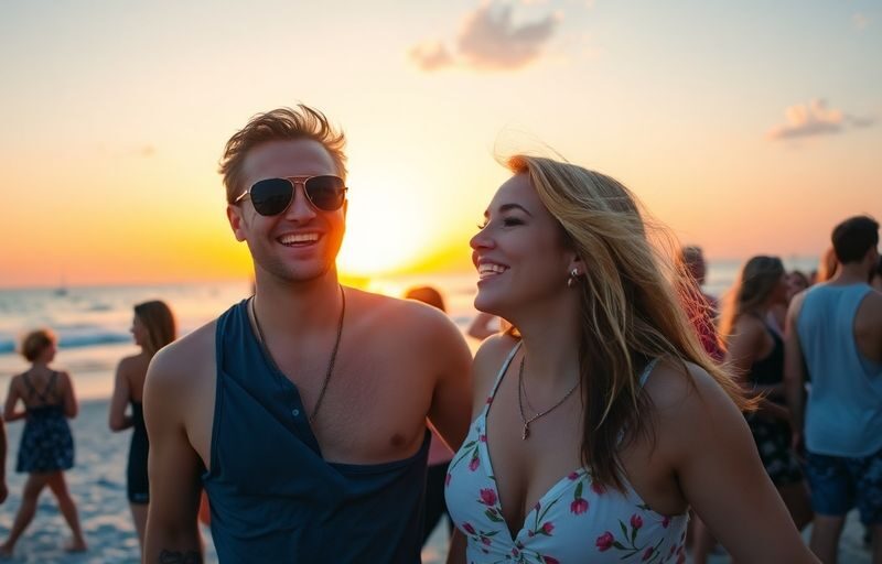 Couple at a beach party enjoying social connections