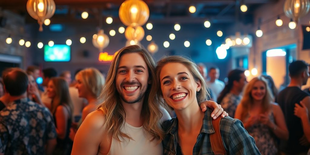 Couple at a lively social gathering for swingers