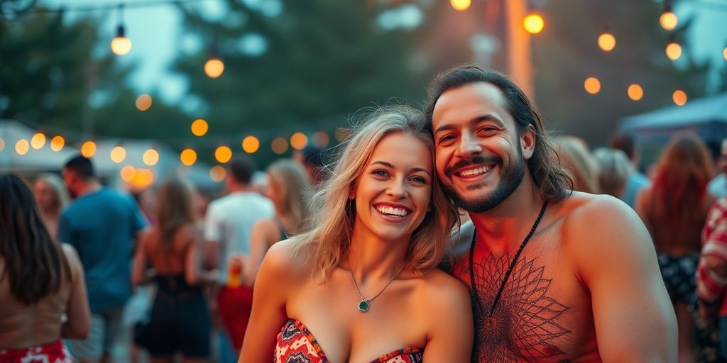 Couple at an outdoor gathering, smiling and enjoying life