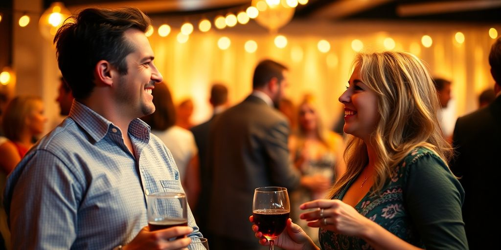 Couple chatting at a social gathering about swinging