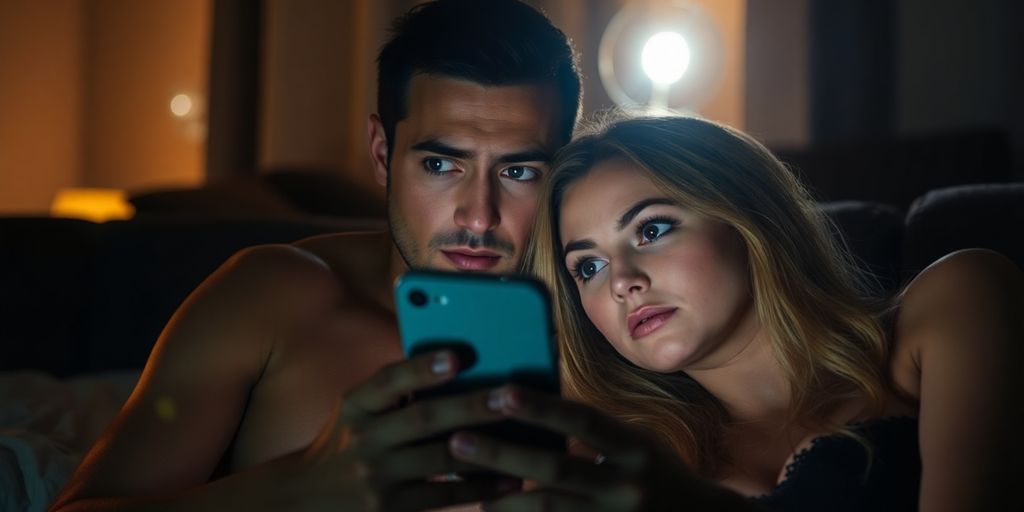 Couple concerned while looking at a phone in dim light