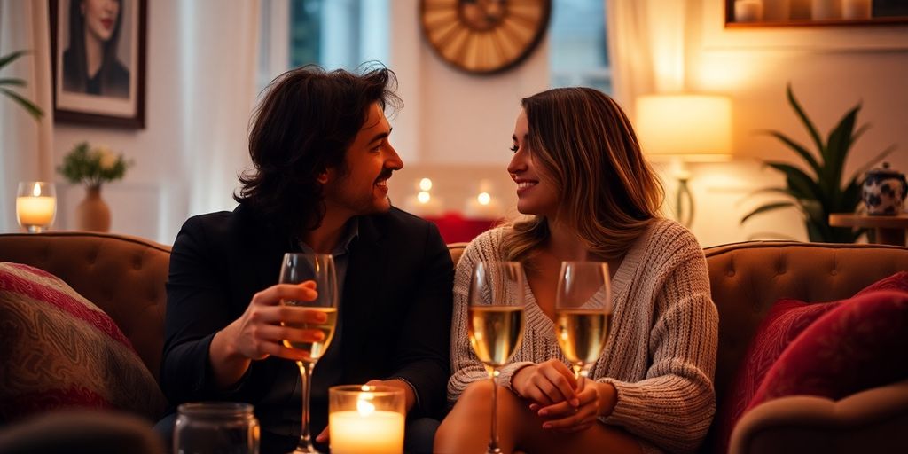 Couple conversing in a cozy, intimate setting