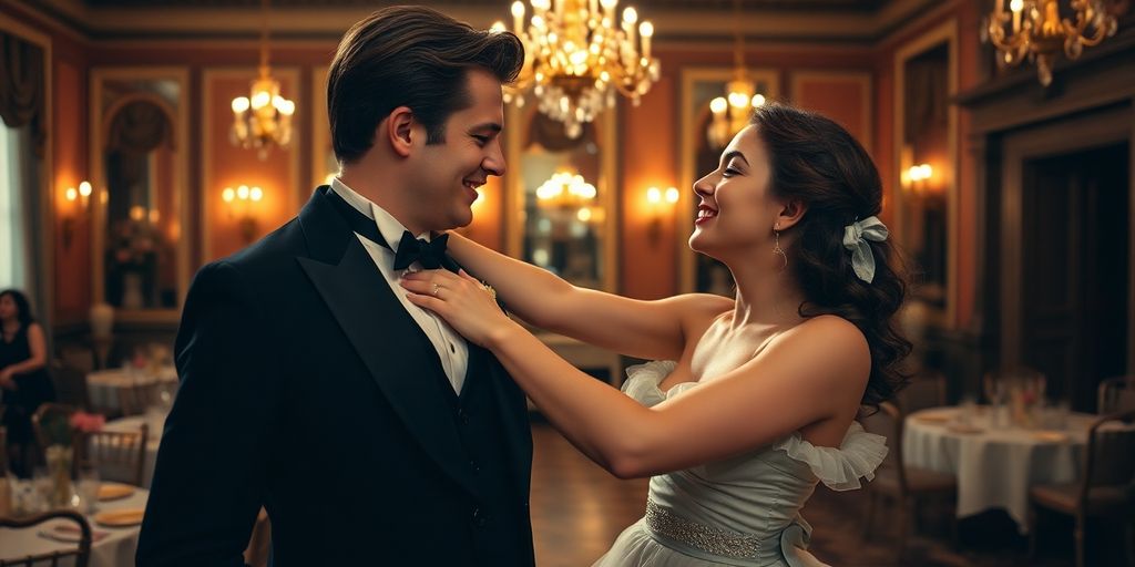 Couple dancing in vintage attire at a ballroom setting