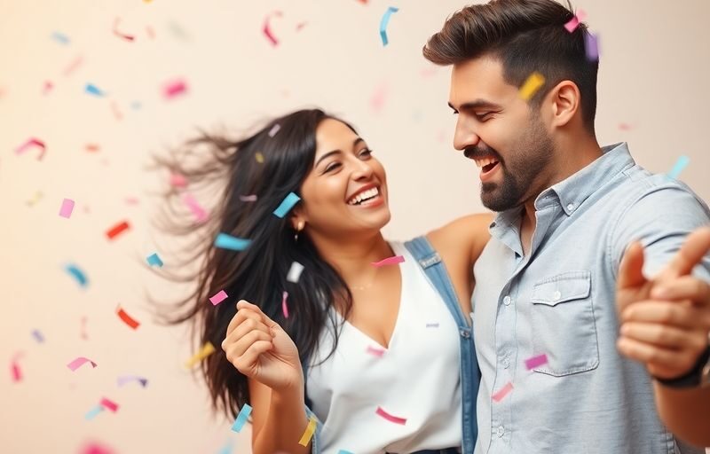 Couple dancing joyfully with confetti in the background