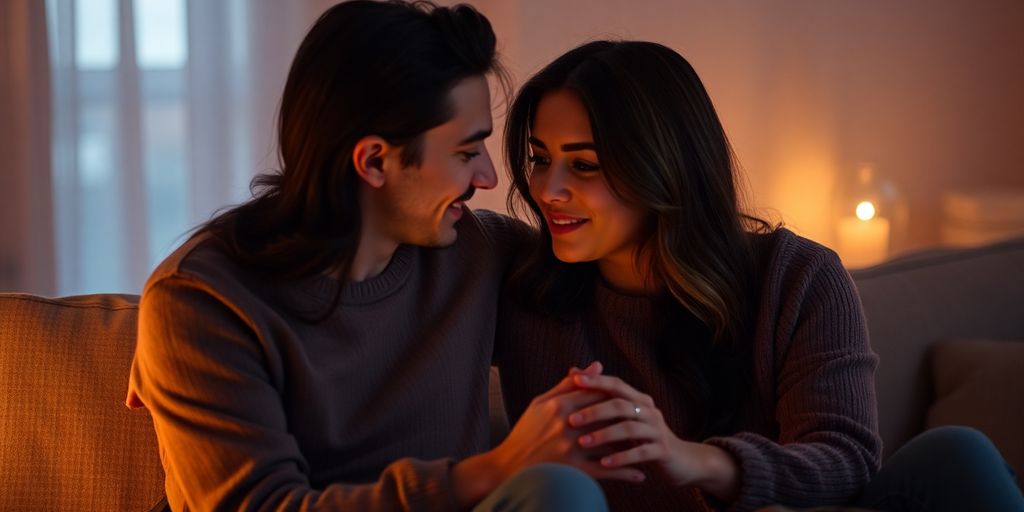 Couple discussing intimacy in a cozy, warm setting