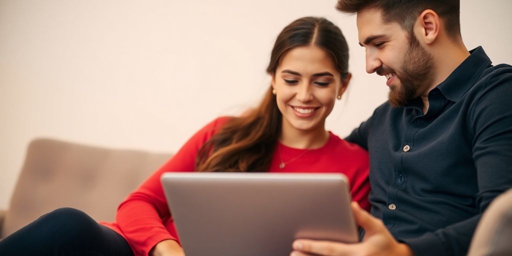 Couple discussing intimacy with a laptop in a cozy setting.