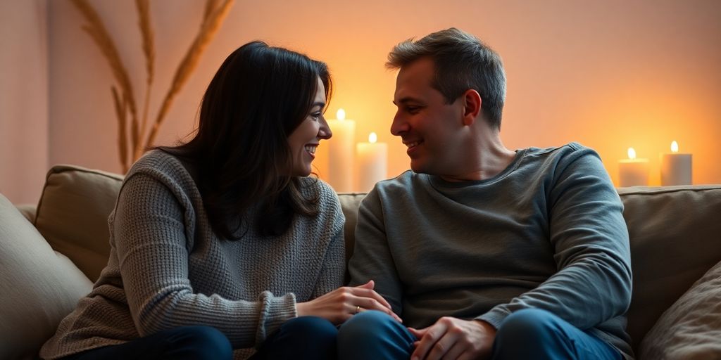 Couple discussing relationship in a cozy, intimate setting