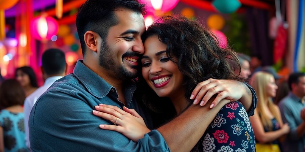 Couple embracing at a lively social gathering