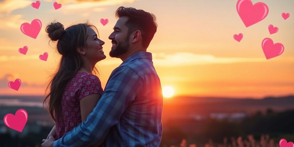 Couple embracing at sunset with whimsical hearts