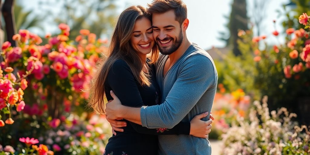 Couple embracing in a bright, sunny outdoor setting