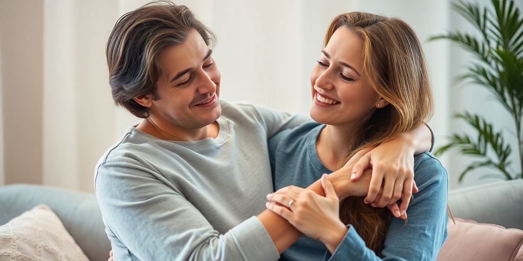 Couple embracing in a warm, cozy environment
