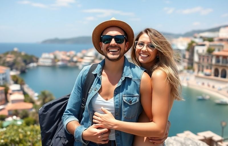 Couple embracing joyfully in a scenic outdoor setting.