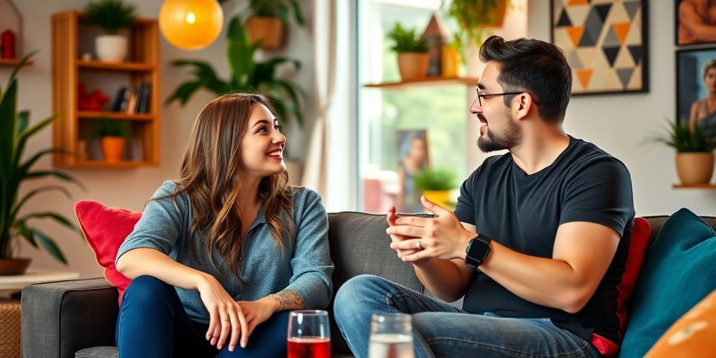 Couple engaged in conversation about swinger dating preferences