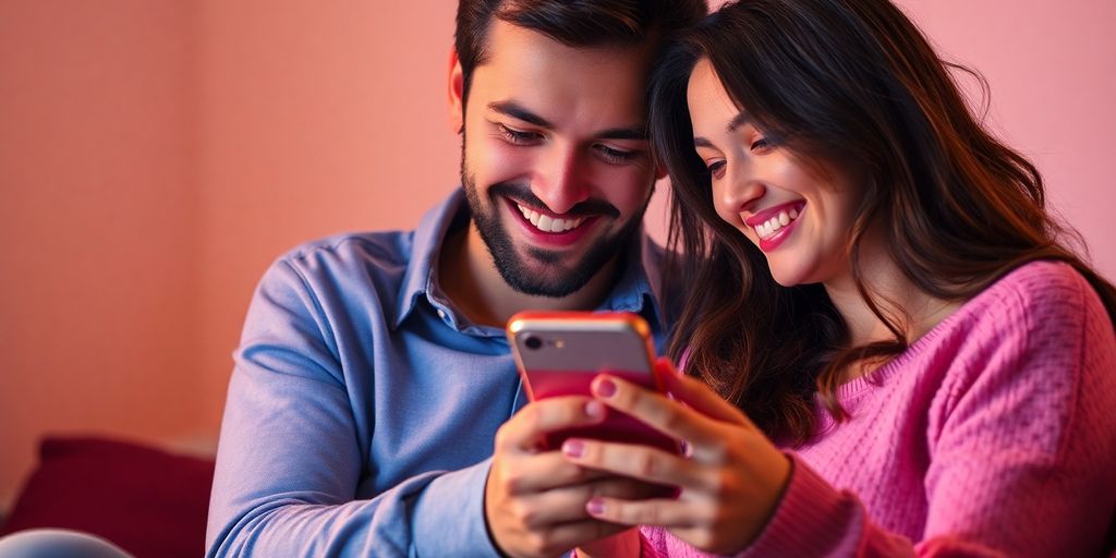 Couple engaged with a smartphone, smiling together