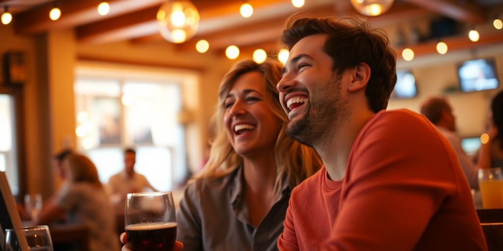 Couple enjoying a fun moment at a gathering.