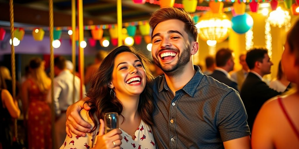 Couple enjoying a fun moment at a swinging party
