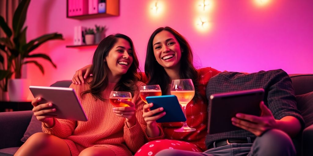 Couple enjoying a fun, tech-inspired date night at home