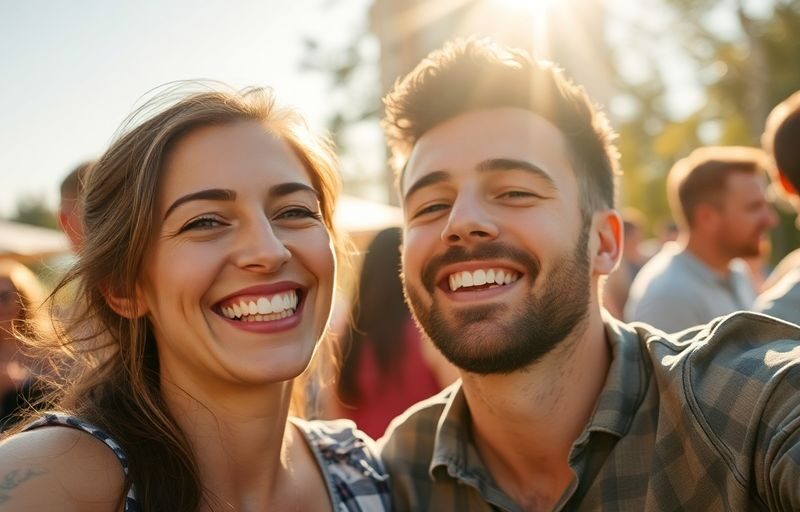 Couple enjoying a joyful outdoor gathering with friends