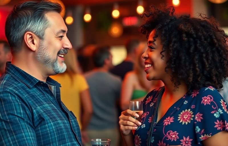 Couple enjoying a lively conversation at a swinger event