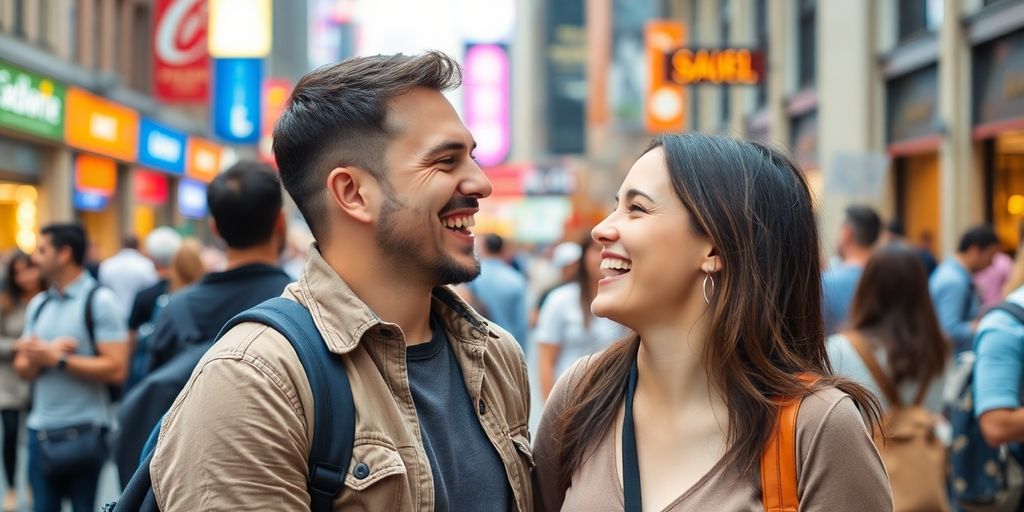 Couple enjoying a lively moment in a public setting