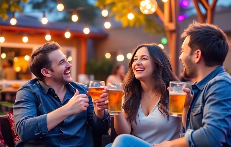 Couple enjoying a lively outdoor date with drinks.